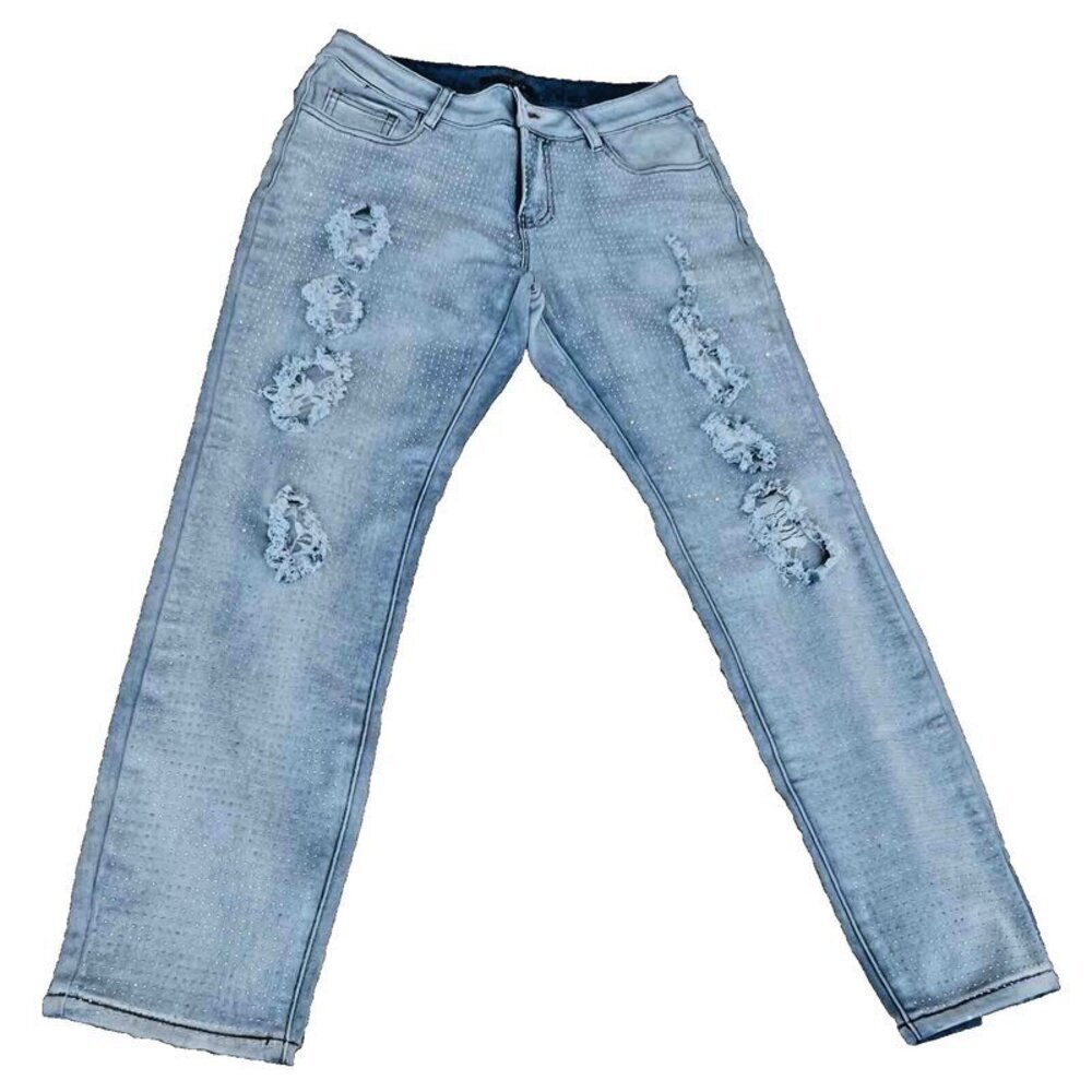 Juliette - Women's Size 8 Blinged Out White Lace Detail Distressed Blue‎ Jeans